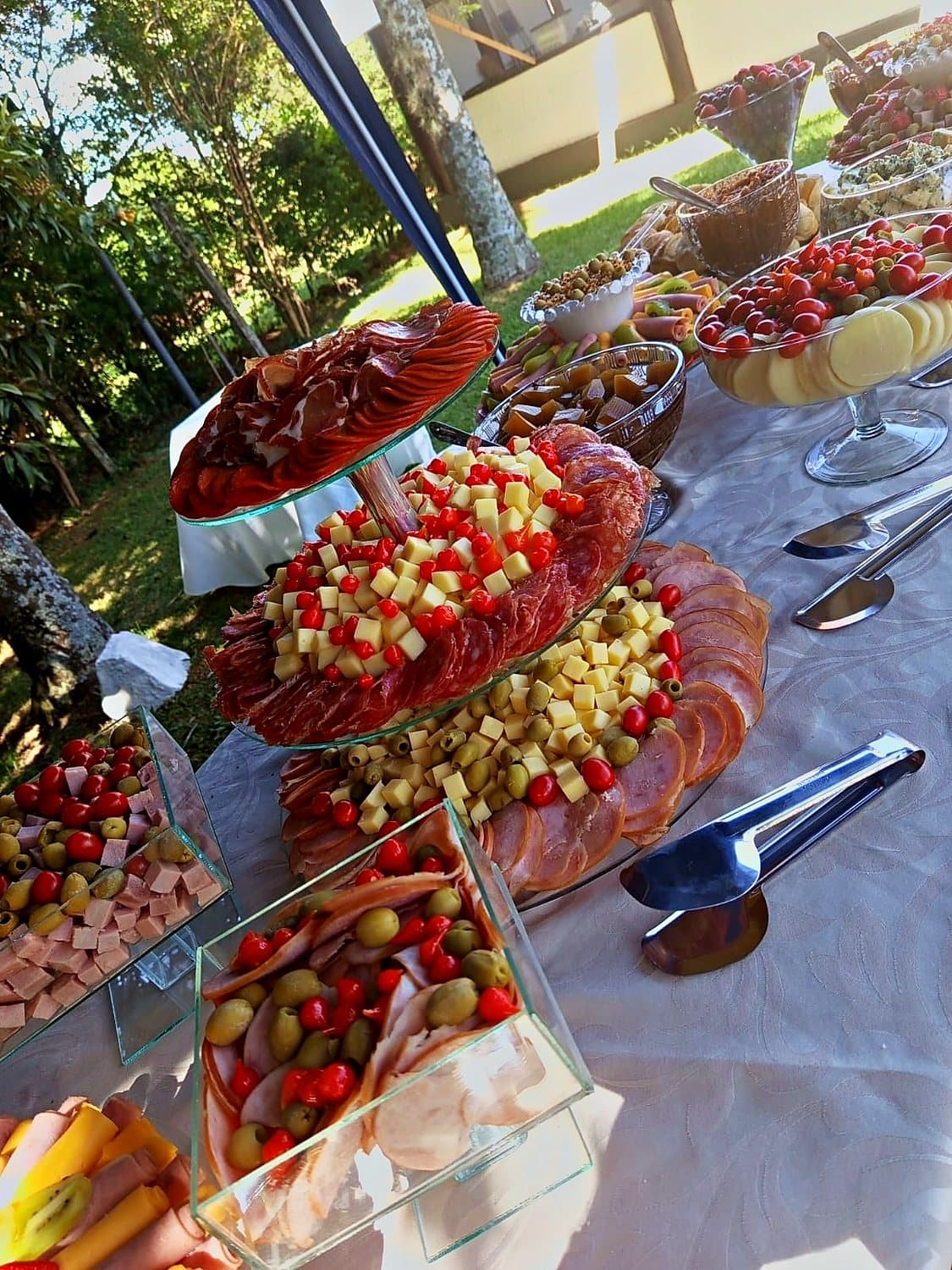 Frios, frutas e antepastos servidos em mesa no jardim